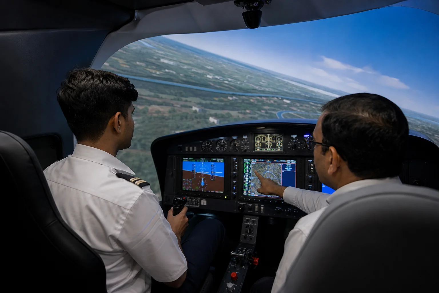show a student and an instructor practising on a DA40/42 hybrid glass cockpit simulator banking towards the left on the screen. has to be fixed base simulator