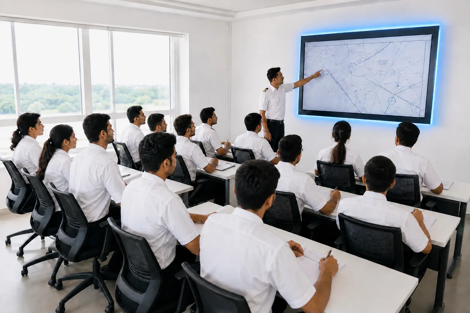Bright daylight shot of the AI smartboard classroom floor with a small batch of pilot students. Rian Air LIGHT poster family: clean bright white classroom with a modern digital smartboard displaying flight navigation charts, a small group