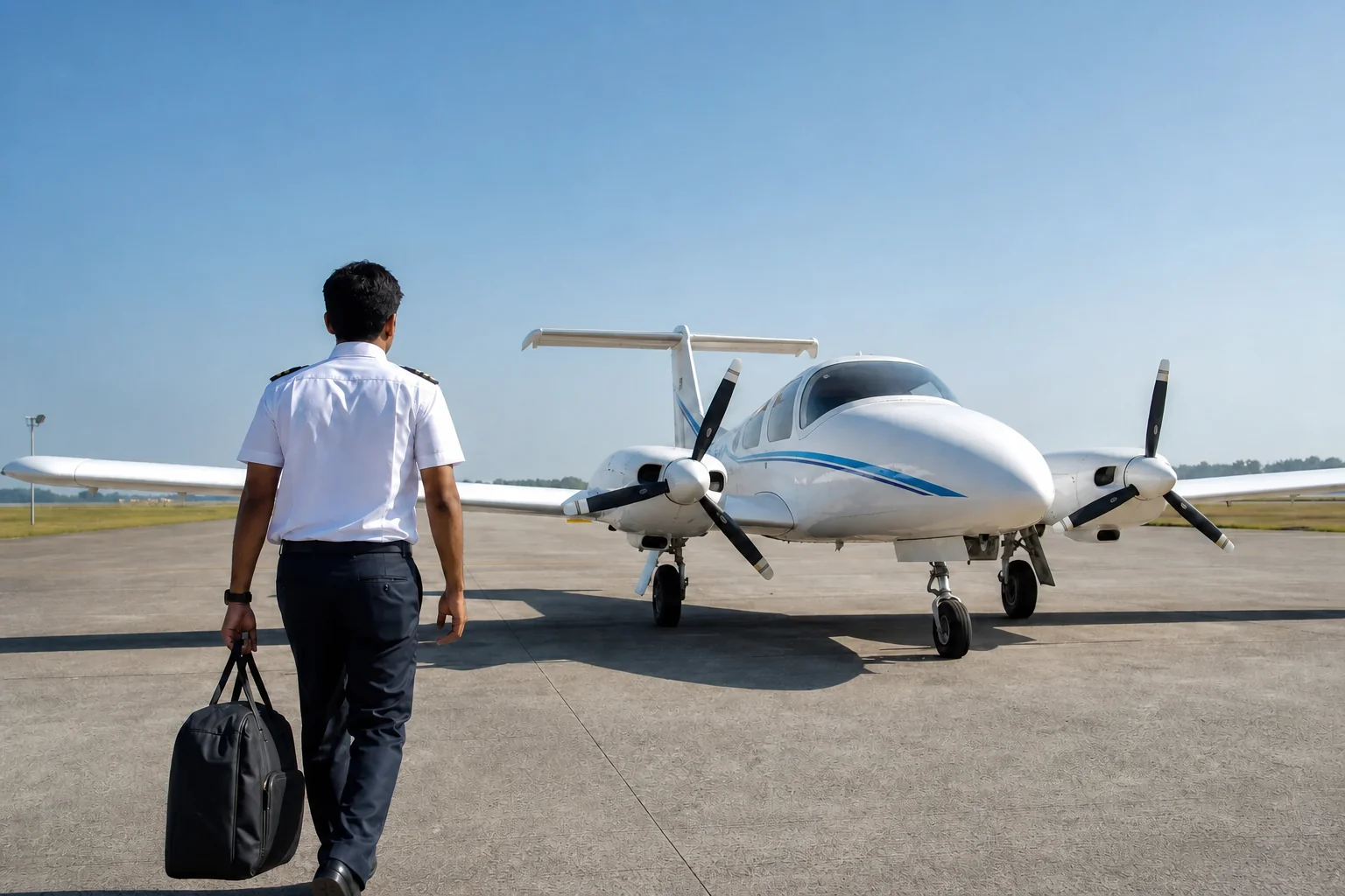 Daylight tarmac scene with a light training aircraft similar to a Diamond DA40 style trainer used abroad. Rian Air LIGHT poster family: clean bright white canvas photograph of a small twin-engine training aircraft parked on a sunlit apron