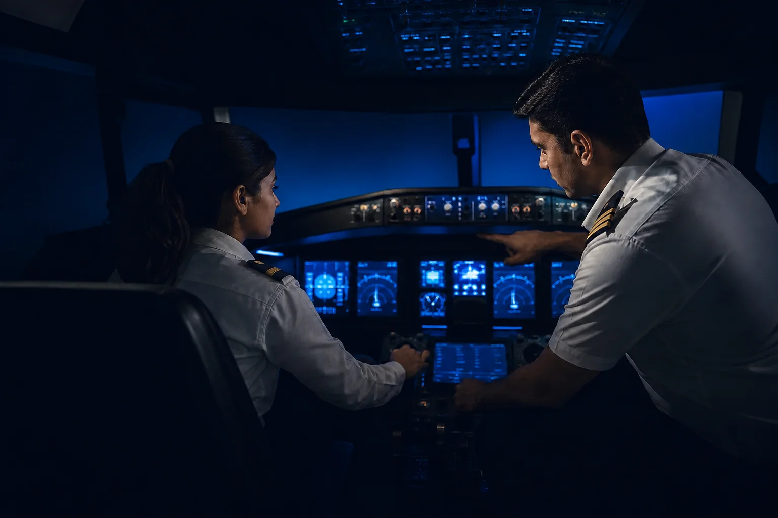 Simulator floor scene showing a trainee working with an instructor on a hybrid DA40/42 simulator. Rian Air DARK poster family: cinematic photograph of a flight-simulator cockpit replica on a dedicated training floor, an Indian woman trainee