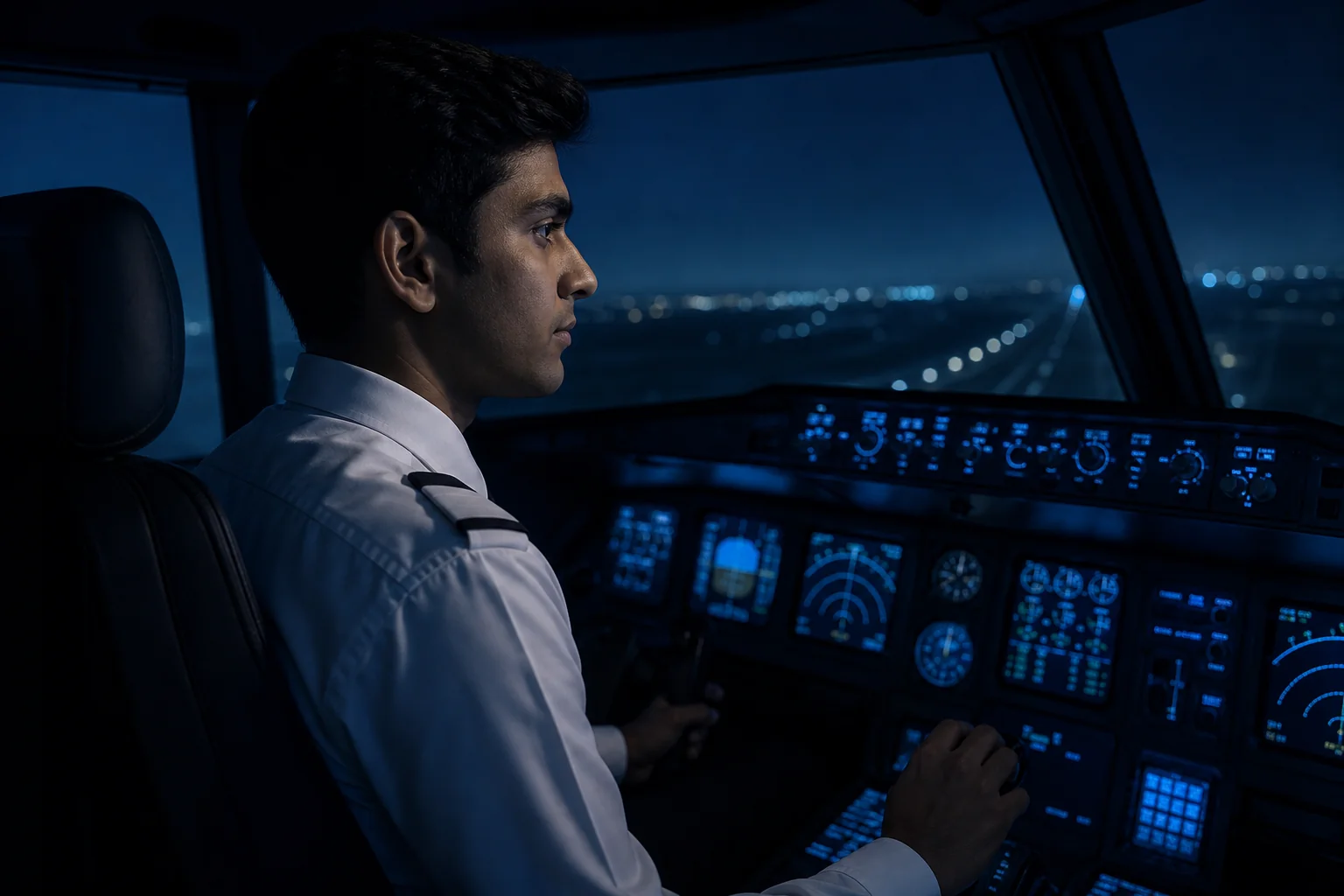 A confident first officer in a cockpit simulator representing the long career arc after medical clearance. Rian Air DARK poster family: cinematic aviation photograph on a near-black or deep navy canvas, bottom edge fading into black, brand