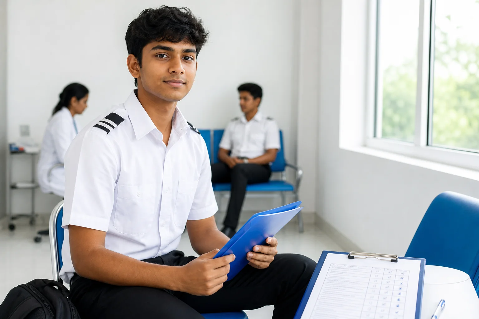 A young Indian aspiring pilot candidate sitting in a clinic waiting area before a medical examination, calm and hopeful. Rian Air LIGHT poster family: clean, bright white canvas with the real subject centred and generous white space
