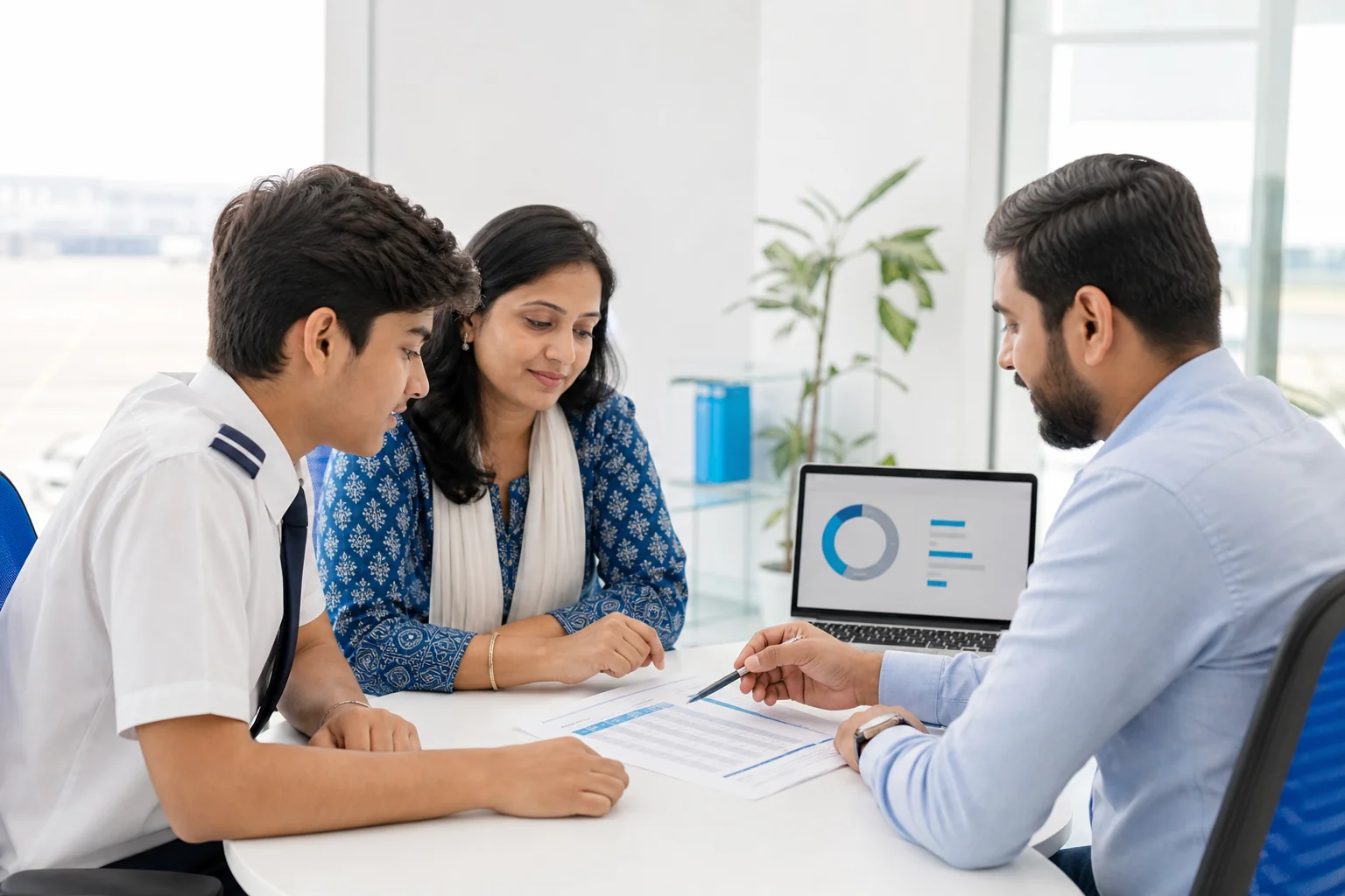 A parent and student reviewing a payment plan document with a Rian Air style advisor in a bright office. Rian Air LIGHT poster family: clean, bright white canvas with the real subject centred and generous white space, natural daylight at