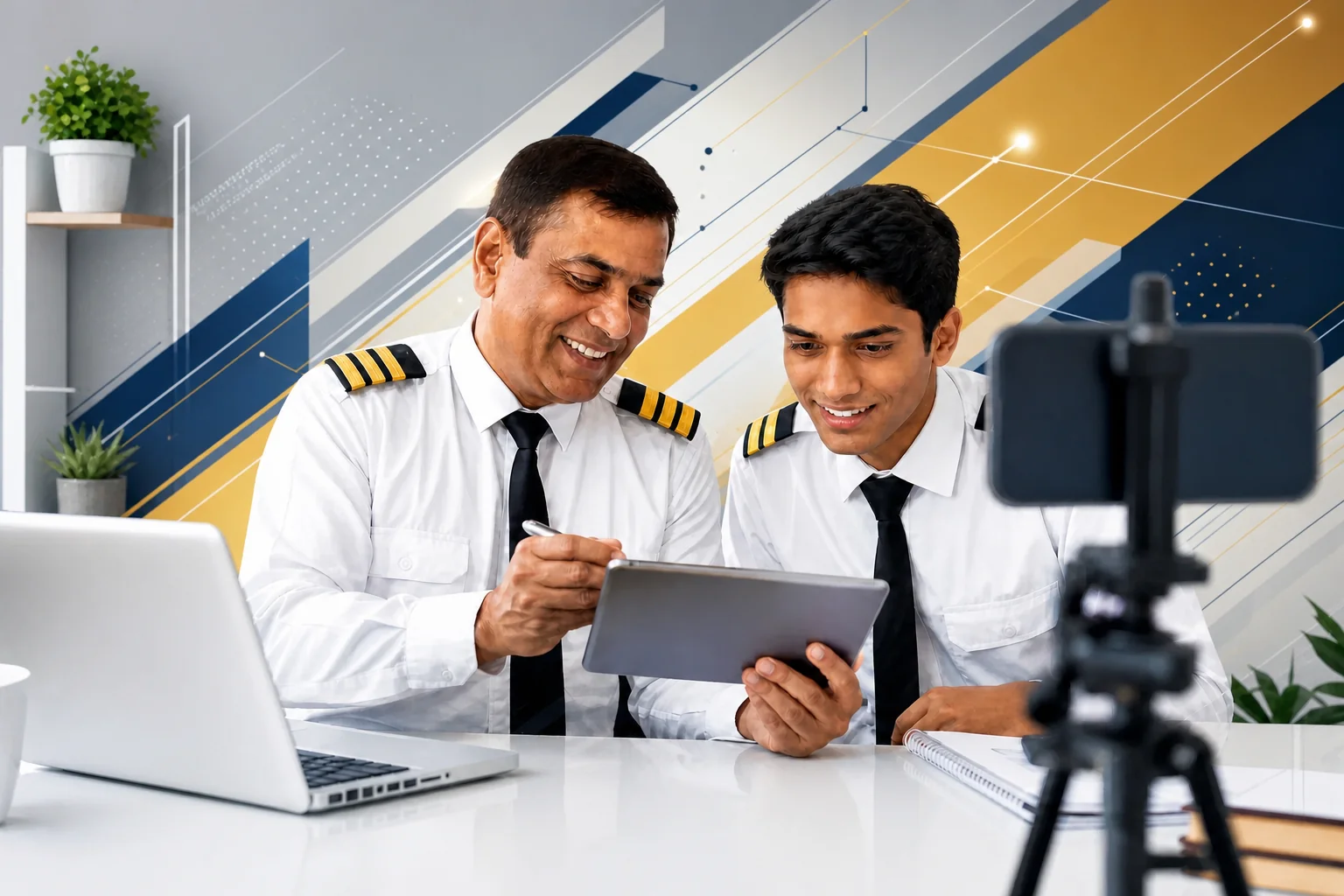 Instructor and student reviewing progress analytics on a tablet during an online class. Rian Air clean white: bright white canvas, natural daylight, real subject centred with generous white space, brand blue accent only. An Indian ground