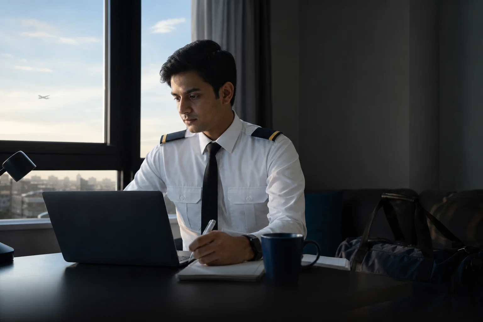 Split scene showing a working pilot attending an early morning or late night online class from a different city. Rian Air dark cinematic: cinematic aviation photograph on a near-black deep navy canvas, bottom edge fading into black, brand