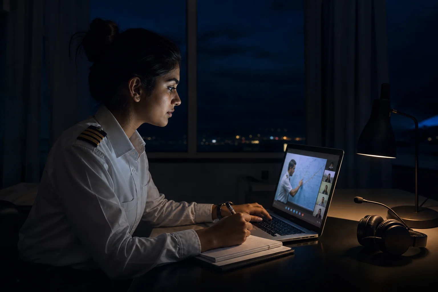 A young Indian aspiring pilot attending an online ground class from home at night on a laptop. Rian Air dark cinematic: cinematic aviation photograph on a near-black deep navy canvas, bottom edge fading to black, brand blue accent only. A