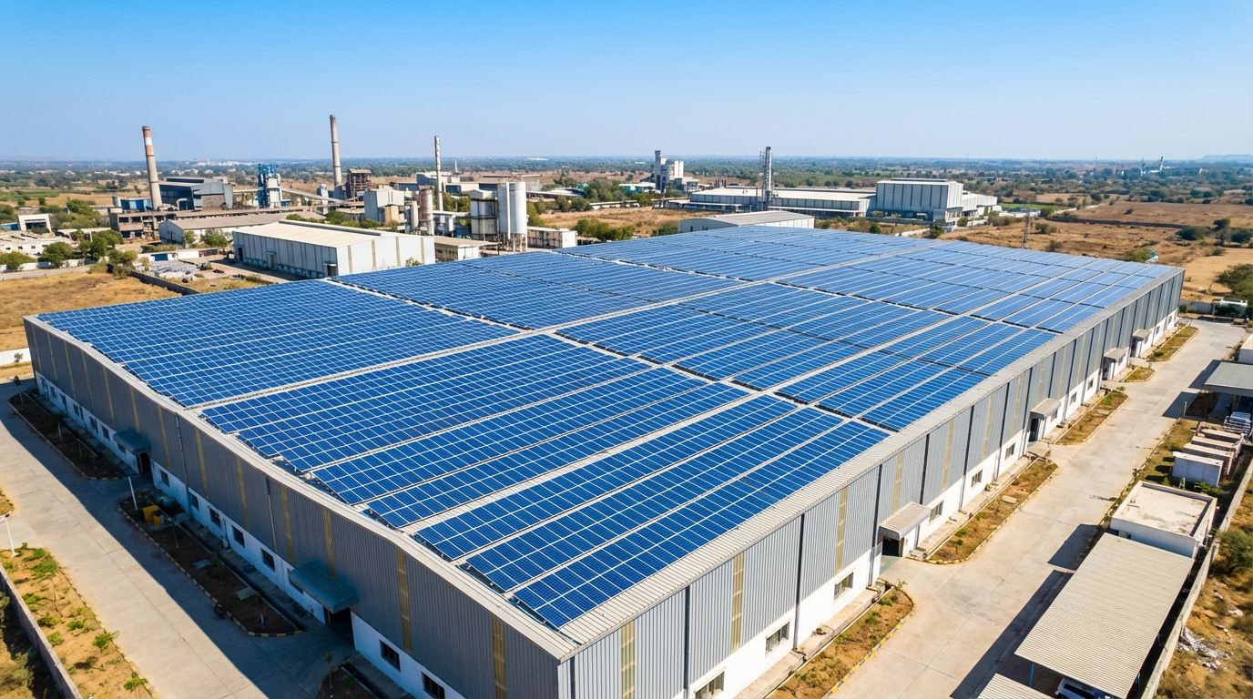Industrial solar panels installed on large factory rooftop in Gujarat showing extensive solar array coverage