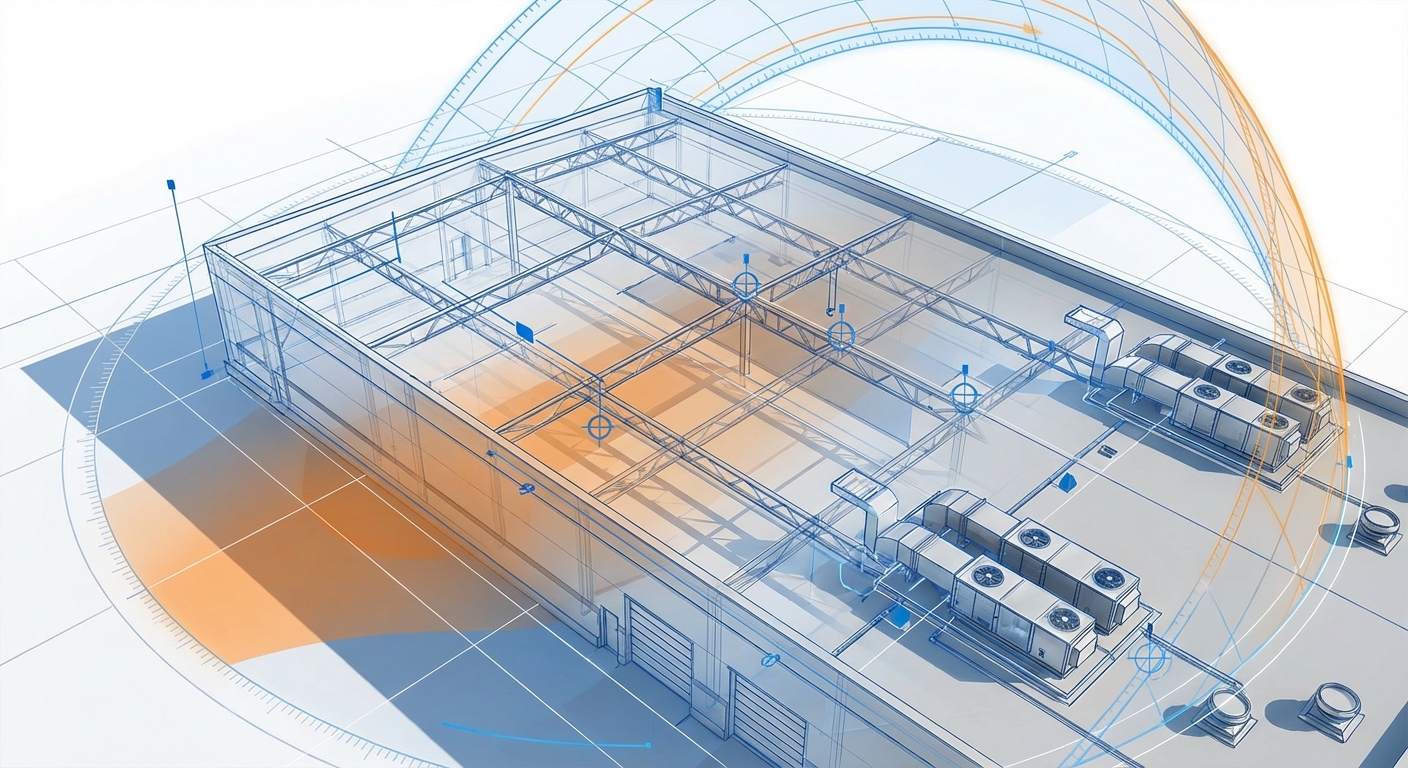 Technical site assessment of industrial warehouse rooftop showing measurement analysis and structural evaluation for solar panel installation