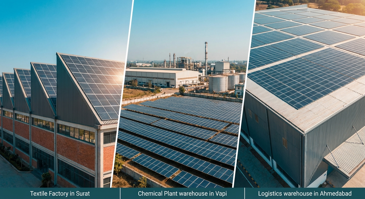 Multiple industrial solar installations across Gujarat showing textile factory, chemical plant, and warehouse facilities with completed solar arrays