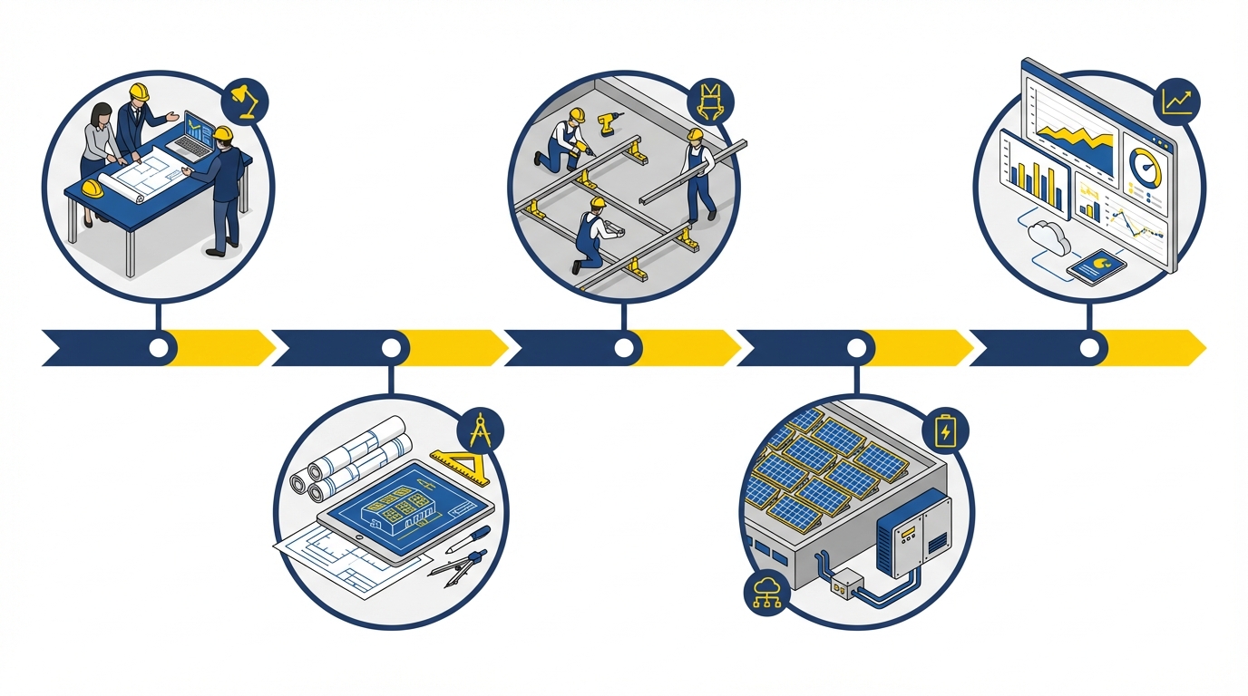 Visual timeline showing phases of industrial solar project implementation from planning through commissioning