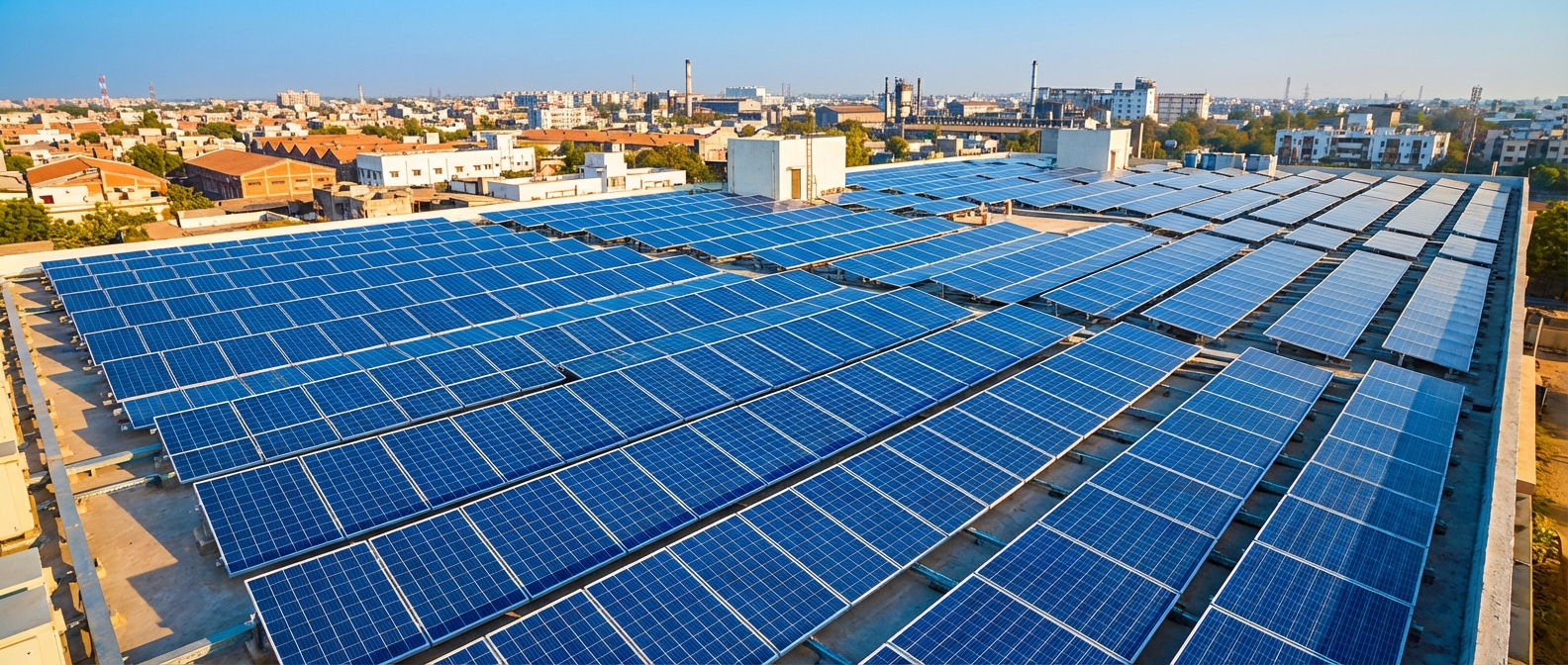 Modern rooftop solar installation on commercial building in Gujarat with blue solar panels under bright sunshine
