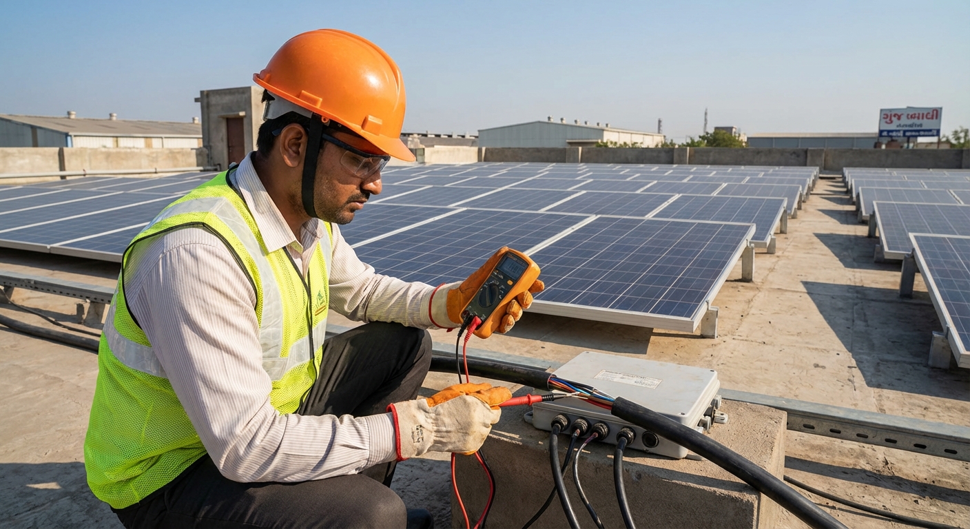 Professional solar technician testing solar cables with multimeter on commercial rooftop installation in Gujarat