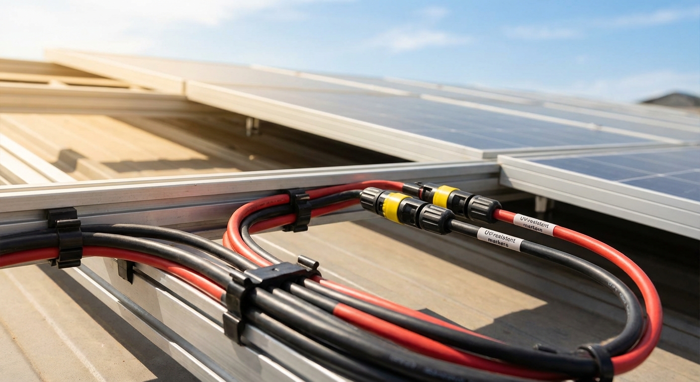 Professional solar cables installation showing DC cables connected to solar panels on rooftop
