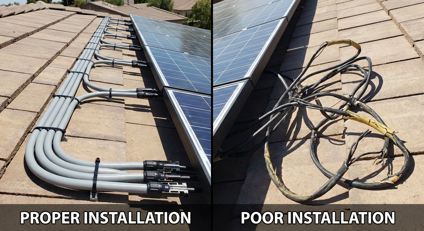 Comparison showing correct versus incorrect solar cable installation practices on rooftop