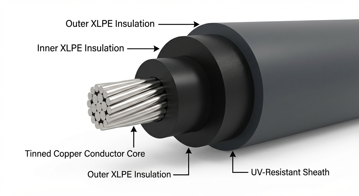 Solar cable cross-section showing quality insulation layers and copper conductor for safety standards