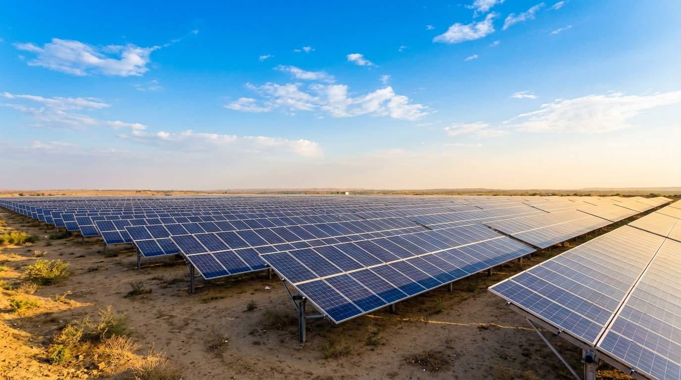 Ground mount solar panel installation in Gujarat showing large-scale solar farm