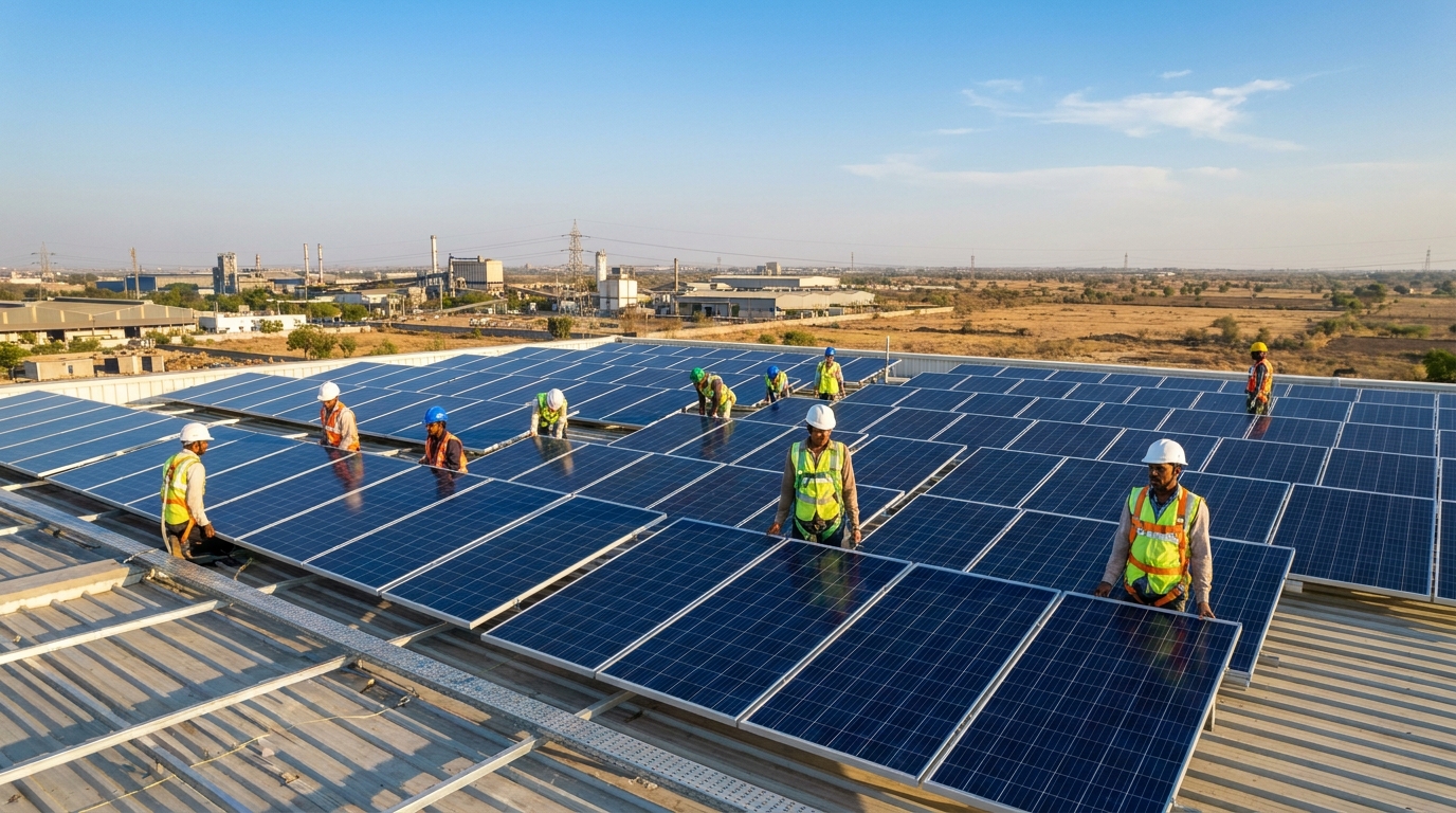 solar companies Gujarat installation team working on rooftop solar panels