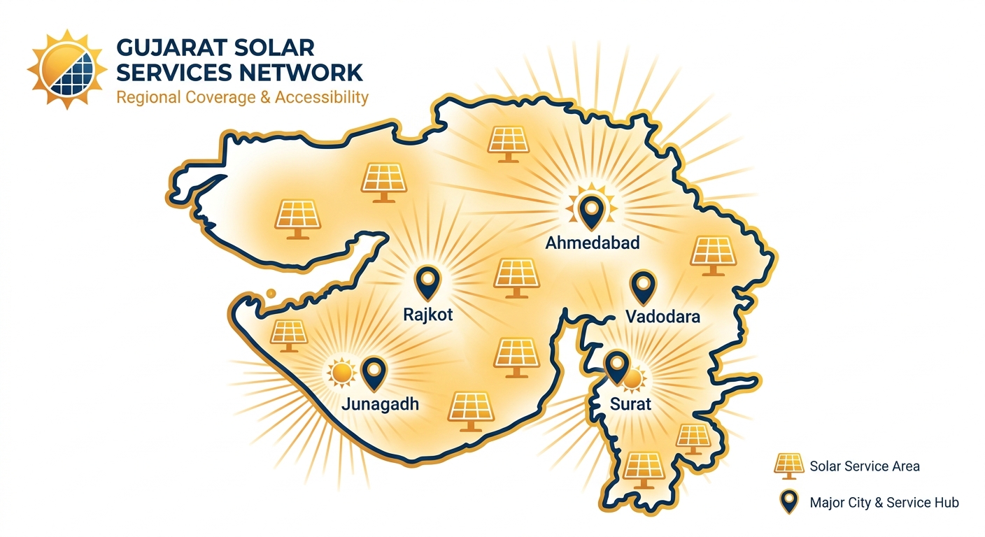 Gujarat map showing solar companies regional presence and service coverage areas