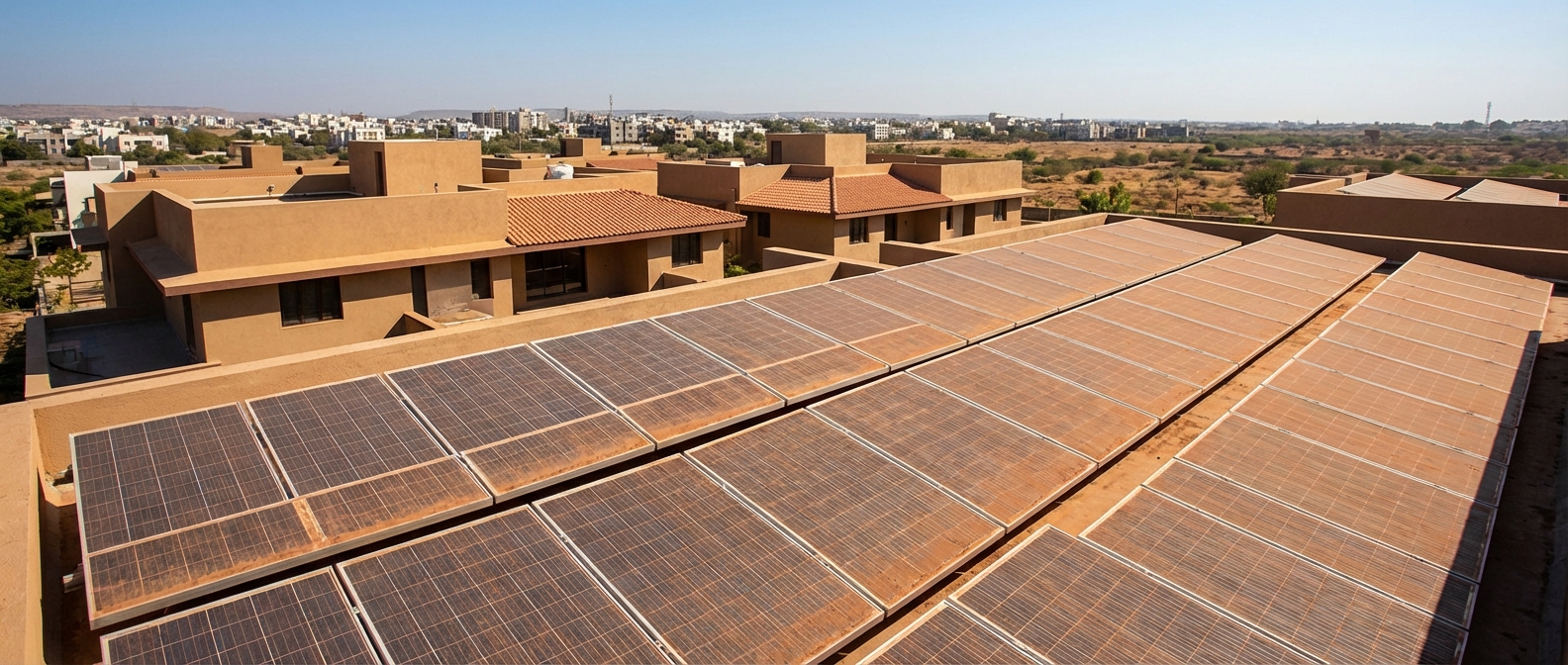 Solar panels on Gujarat rooftop showing dust accumulation requiring maintenance