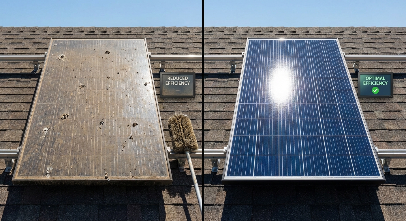Comparison of dirty versus clean solar panels showing efficiency difference