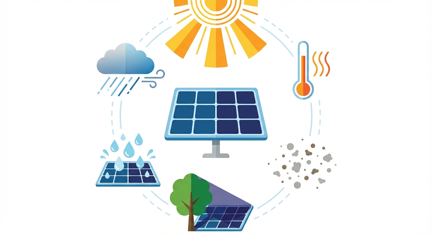 Environmental factors affecting solar efficiency including temperature, dust, and shading in Gujarat climate