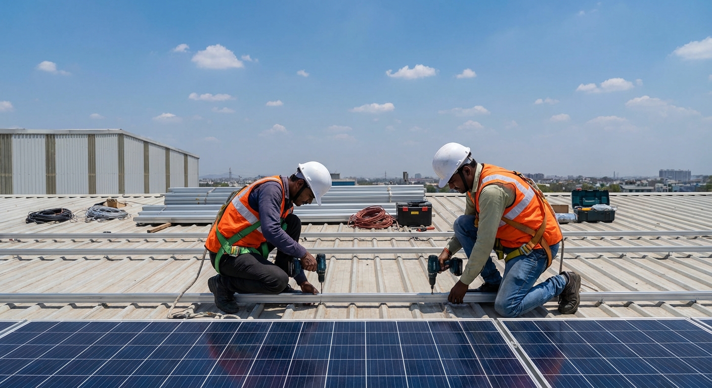 Professional solar Surat installation team working on rooftop solar EPC project with safety equipment
