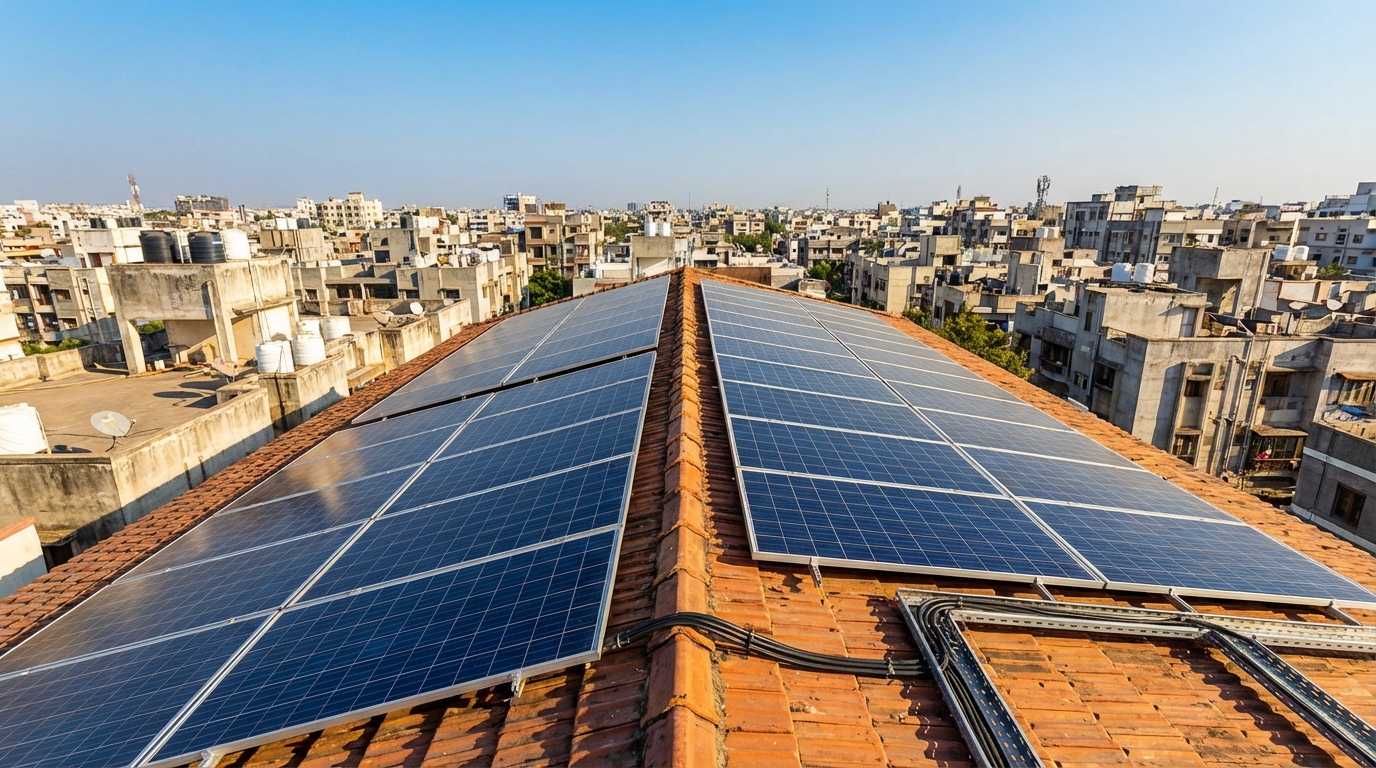 Solar Surat rooftop installation with cityscape showing modern solar panels on residential building