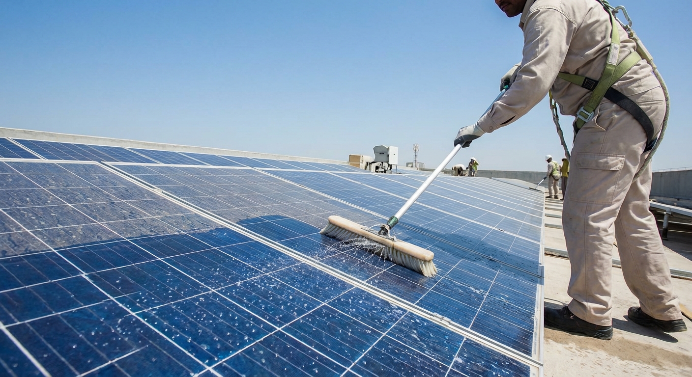Solar maintenance Gujarat technician cleaning solar panels on Surat rooftop ensuring optimal performance
