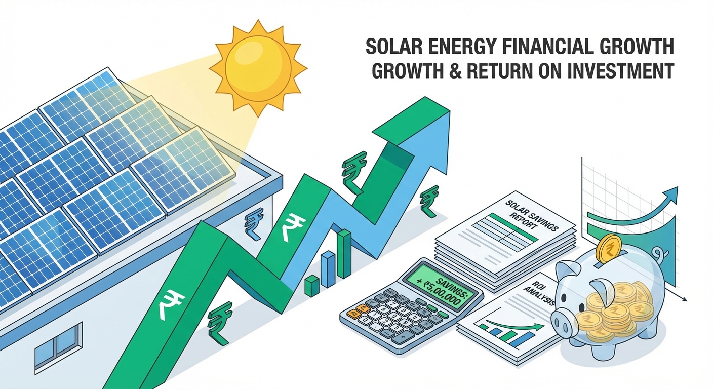 Solar Surat financial benefits illustration showing ROI and savings with solar panels and rupee symbols