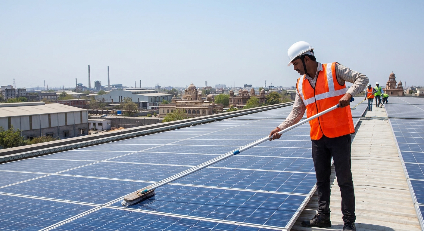 solar maintenance Gujarat technician inspecting rooftop solar panels for turnkey solar project