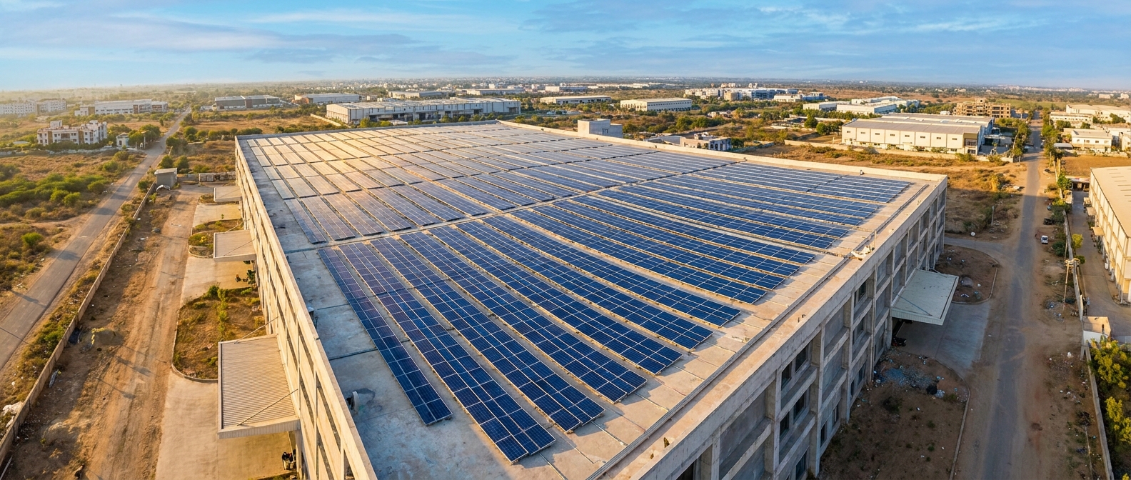 solar turnkey Gujarat commercial rooftop installation with blue solar panels under bright Gujarat sky