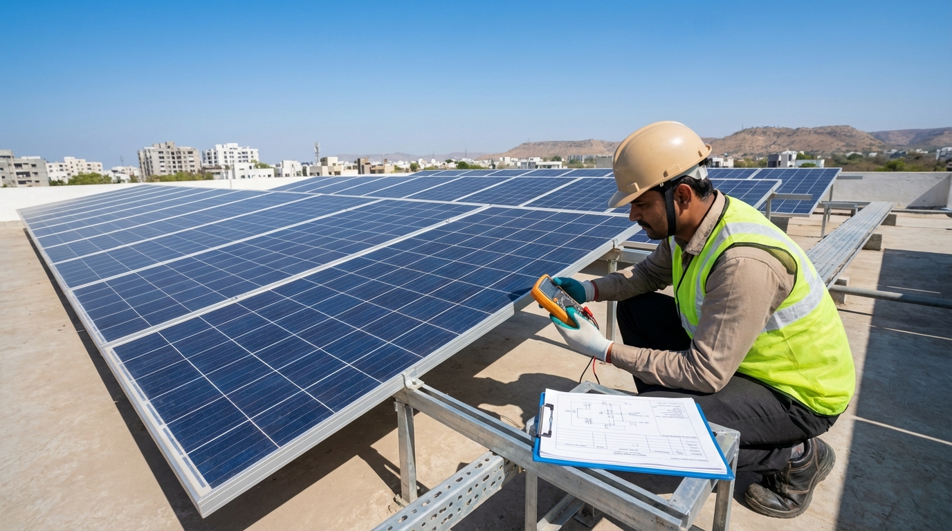Solar commissioning Gujarat engineer conducting rooftop testing procedures