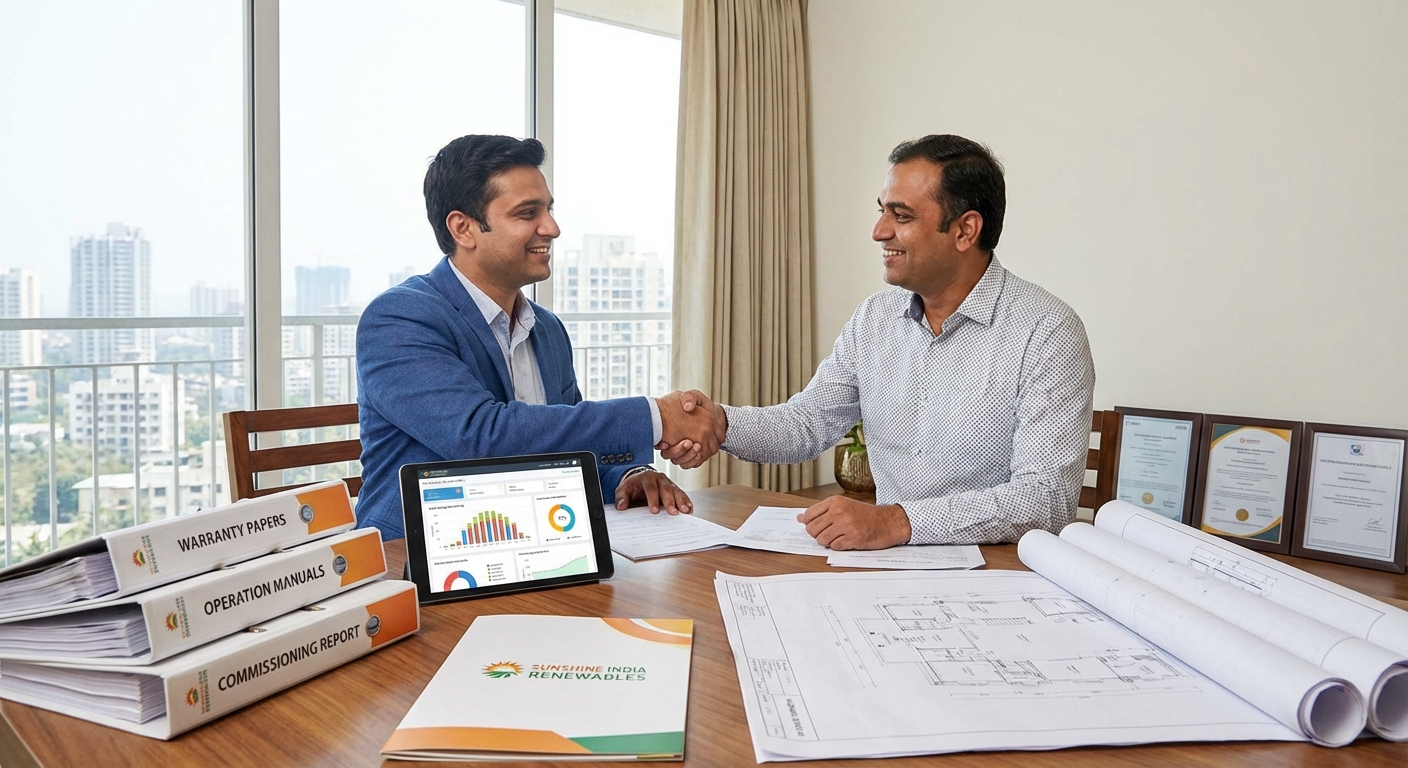 Professional solar commissioning Gujarat handover meeting with documentation and system manuals