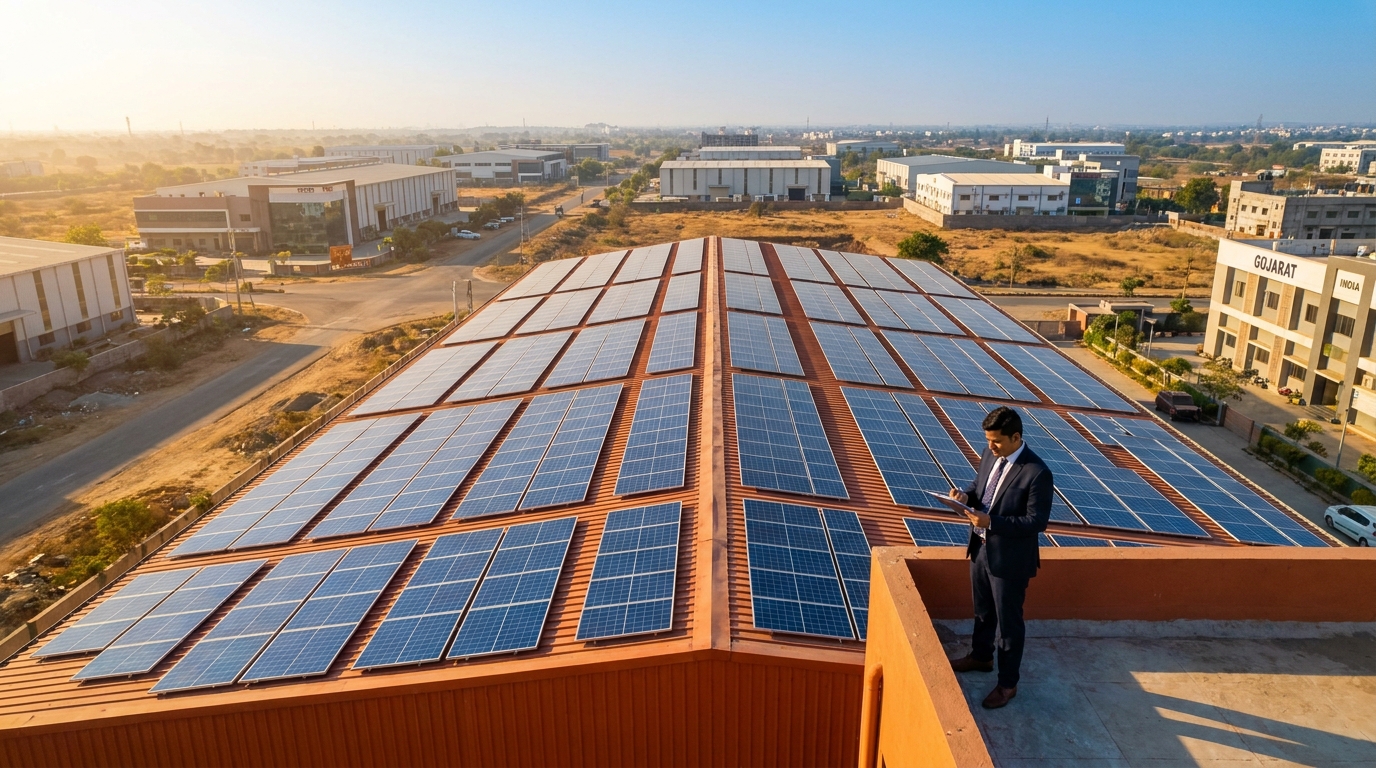solar financing for industrial rooftop installation in Gujarat with business decision-maker reviewing documents