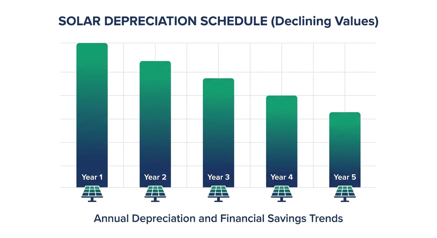 MACRS 5-year solar depreciation schedule bar chart showing annual deduction percentages
