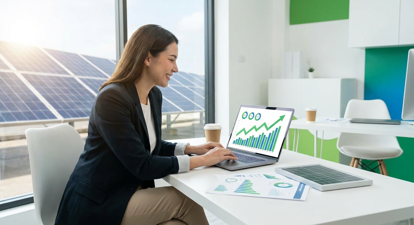 business owner reviewing solar depreciation ROI and financial savings data on laptop