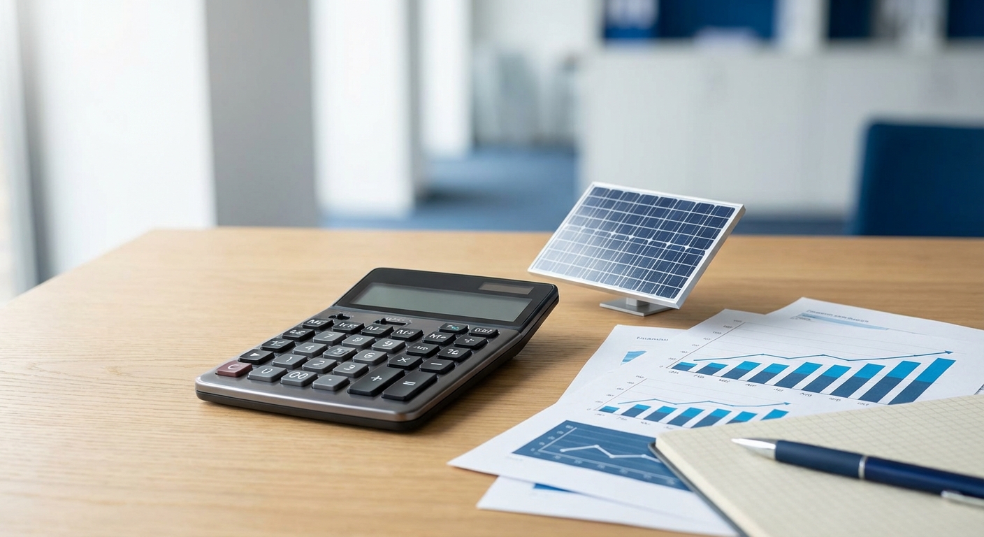 Calculator and financial charts showing solar ROI calculation and payback period analysis