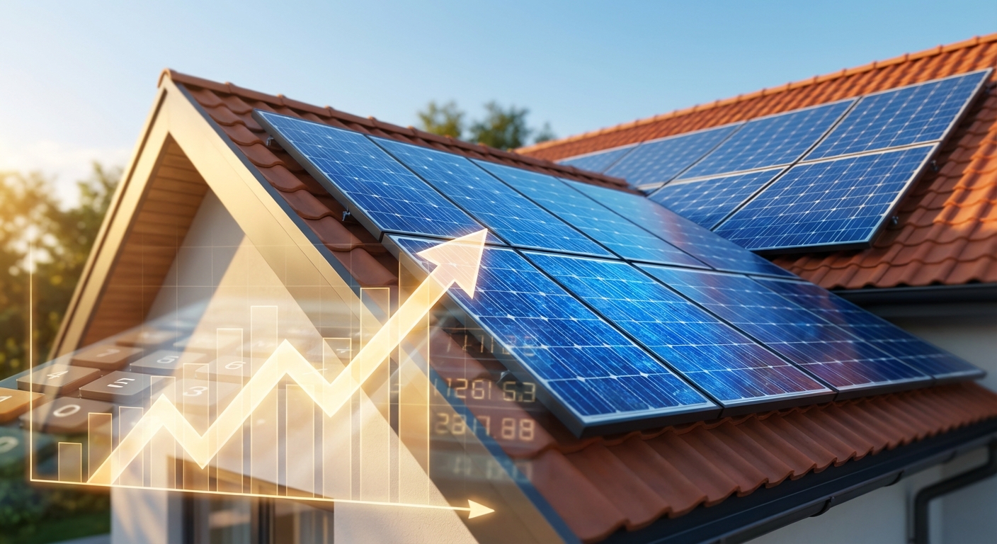 Solar panels on rooftop with financial growth concept showing solar ROI calculation