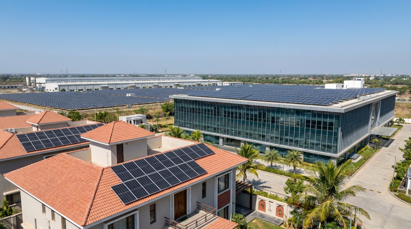 Various solar installations in Gujarat showing residential, commercial and industrial solar projects