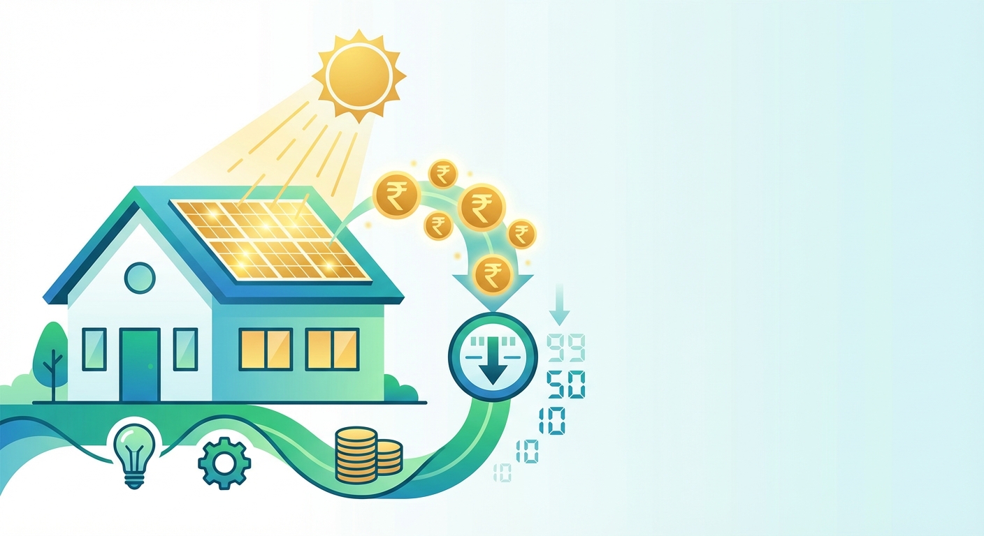 Energy savings calculation illustration showing solar panels generating electricity and reducing utility bills