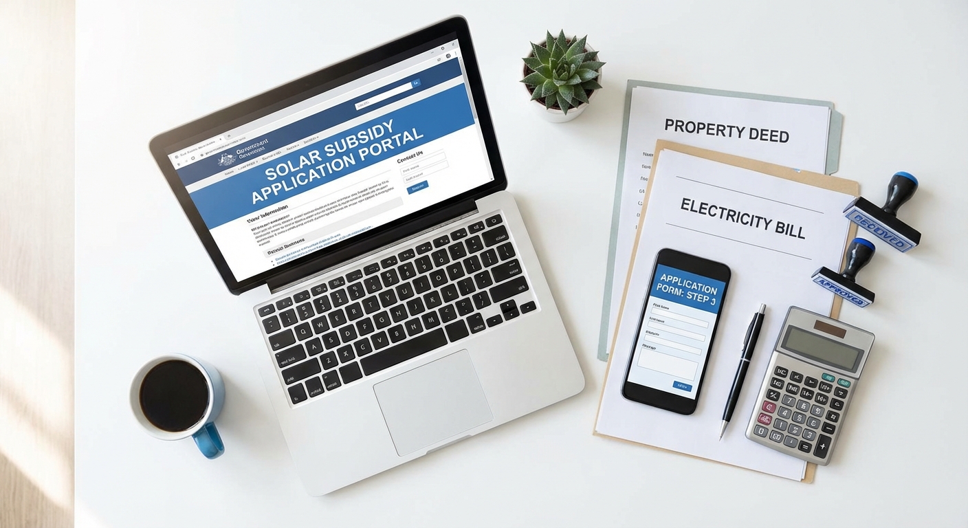 Solar subsidy application process with documents and government portal interface