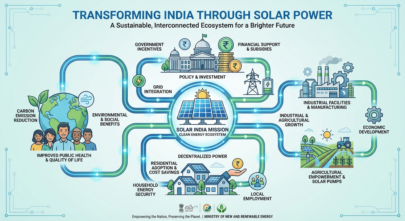 Government solar subsidy schemes in India showing residential, commercial and agricultural benefits