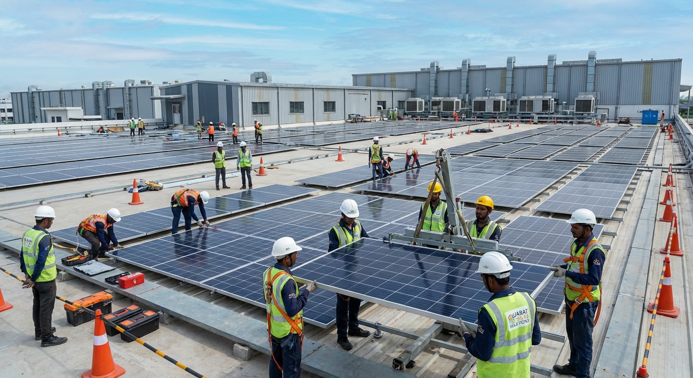 Professional solar installation team working on commercial solar brands Gujarat project