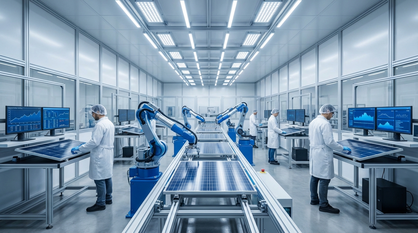 Solar panel manufacturing facility with quality control and testing equipment