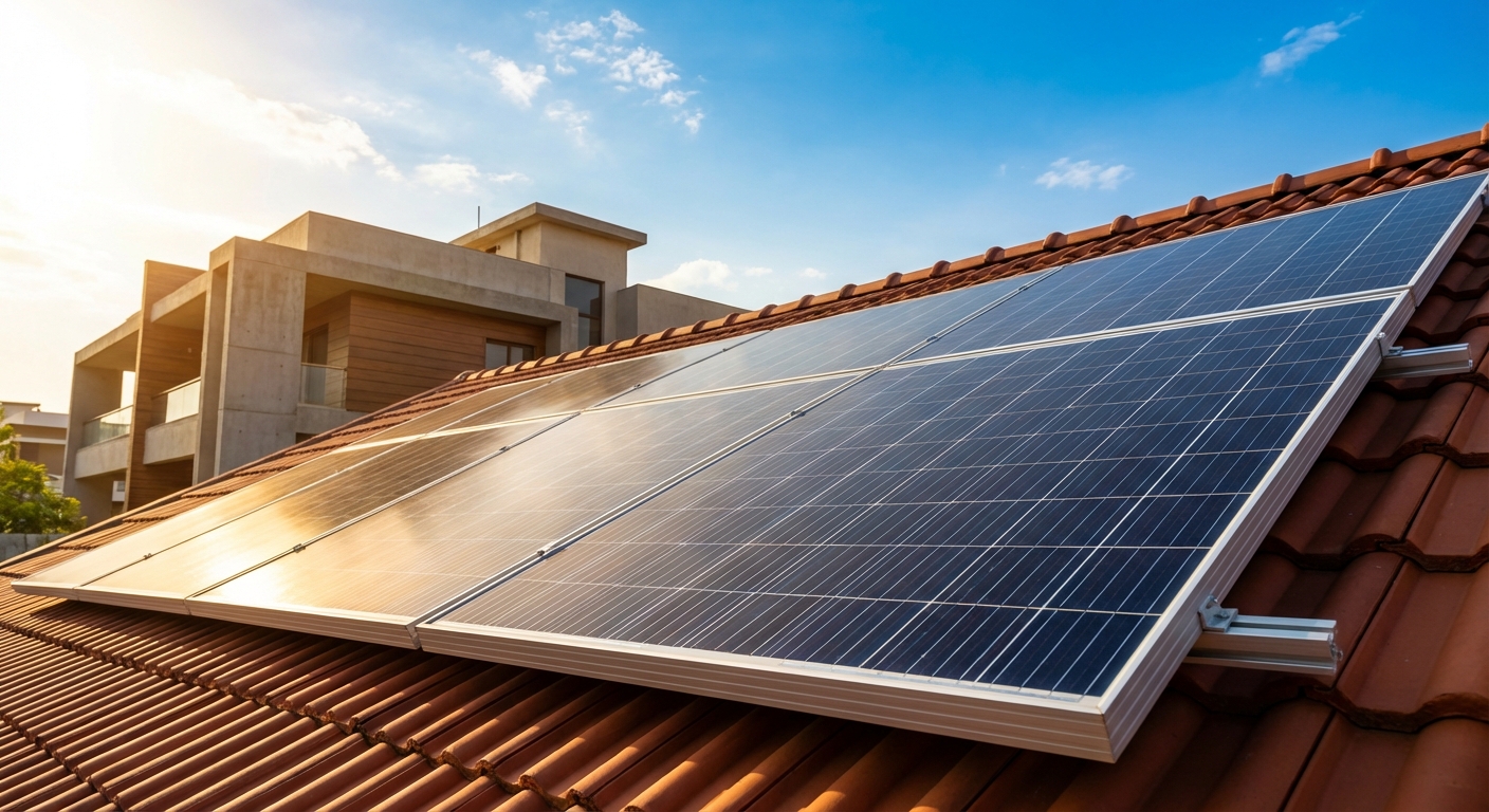 High-quality solar modules installed on residential rooftop in Gujarat with clear blue sky