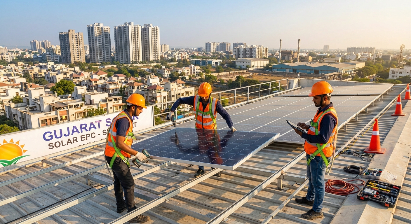 Professional solar installers Surat team installing panels on commercial rooftop