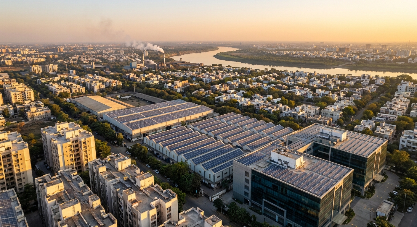 Surat cityscape showing solar installations on residential and industrial buildings highlighting local solar potential