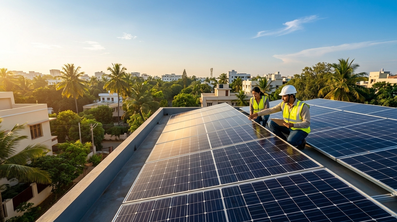 solar quality certified panels installed on a rooftop in Gujarat with technician inspection