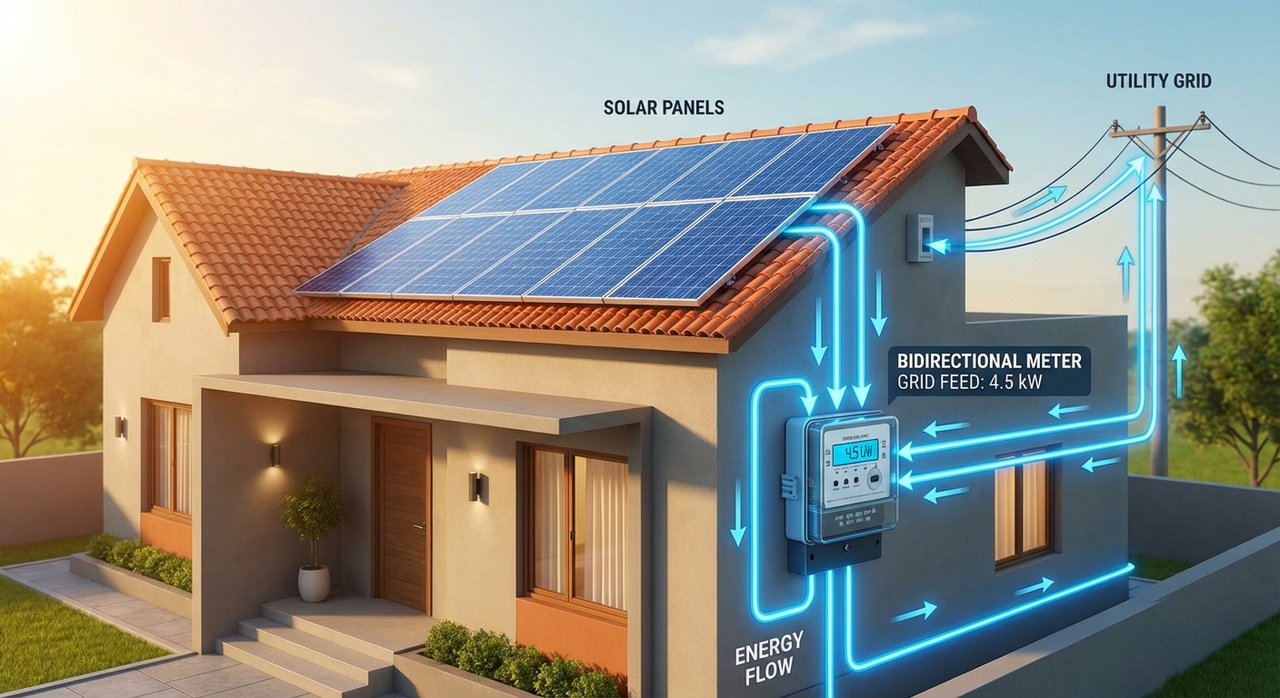 solar net metering system showing bidirectional energy flow from rooftop panels to grid