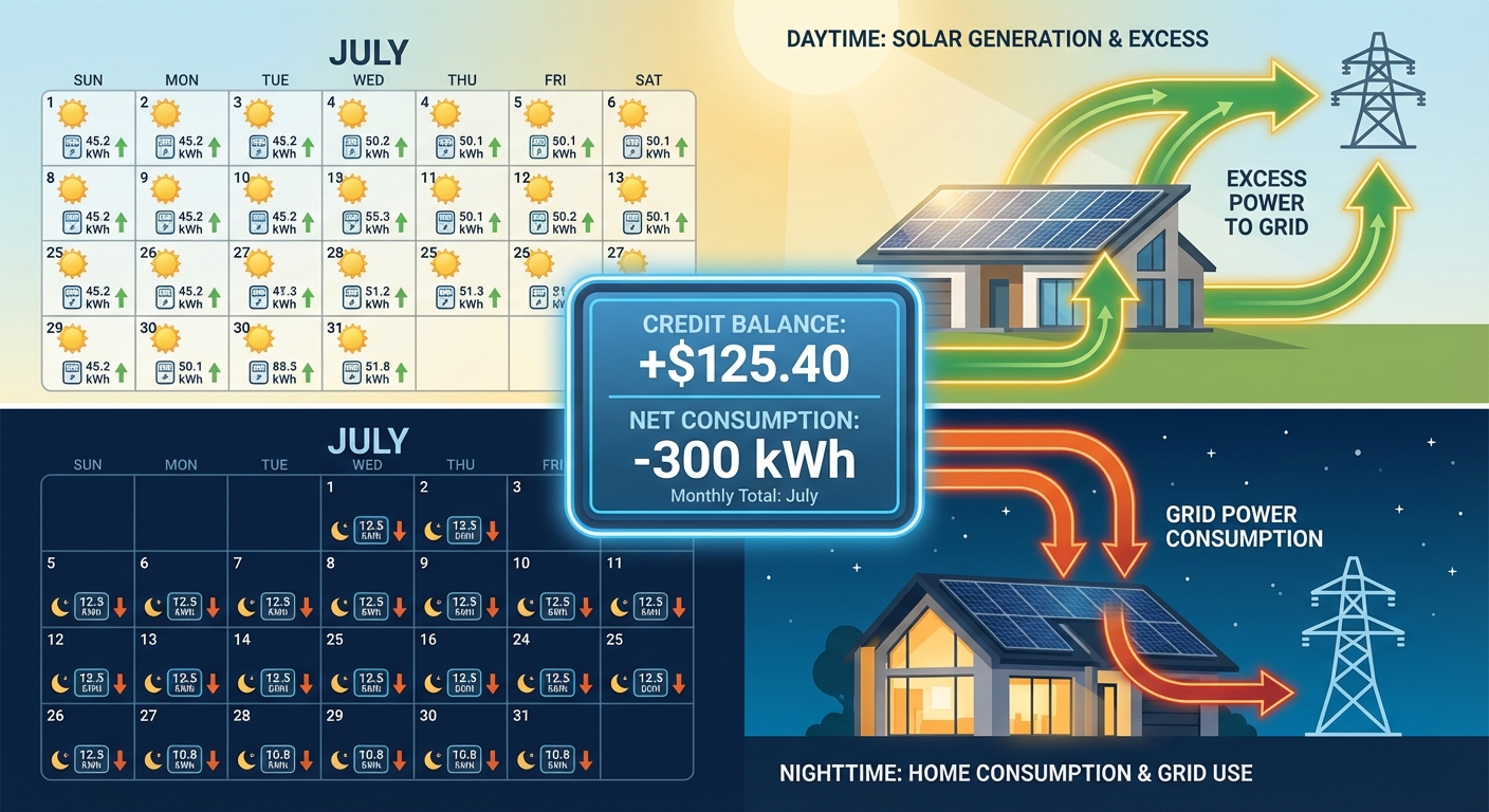 solar net metering billing cycle showing daytime generation credits and nighttime consumption